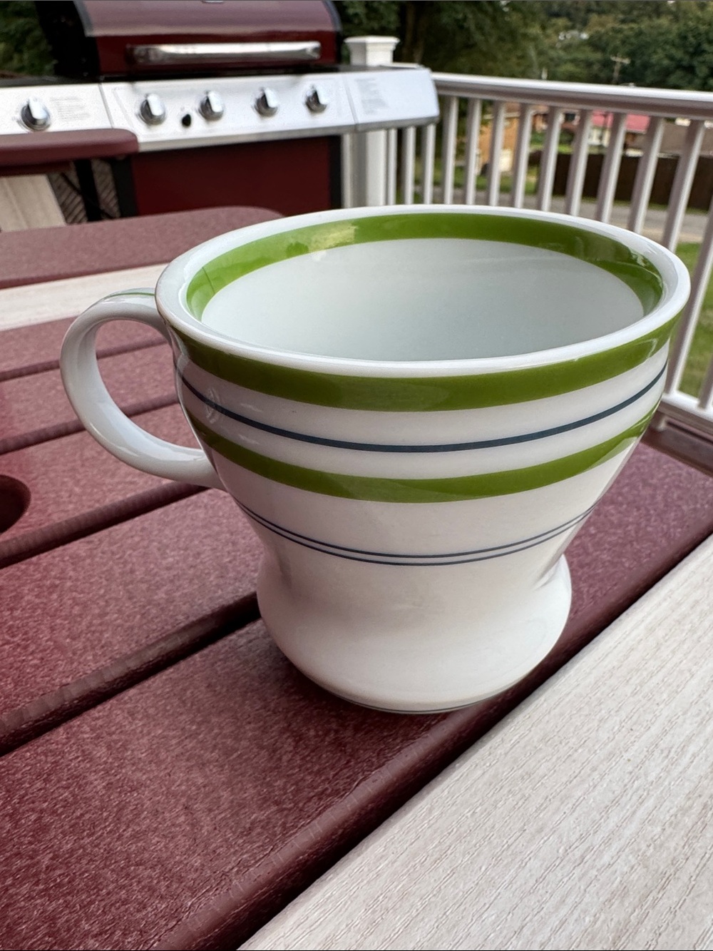 Starbucks 2007 White Ceramic Coffee Mug with Green Rim and Blue Stripes